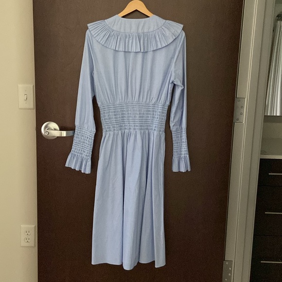 Tory Burch Smocked Cotton Midi Dress Ruffled Yoke Size 4 Blue - Picture 6 of 8